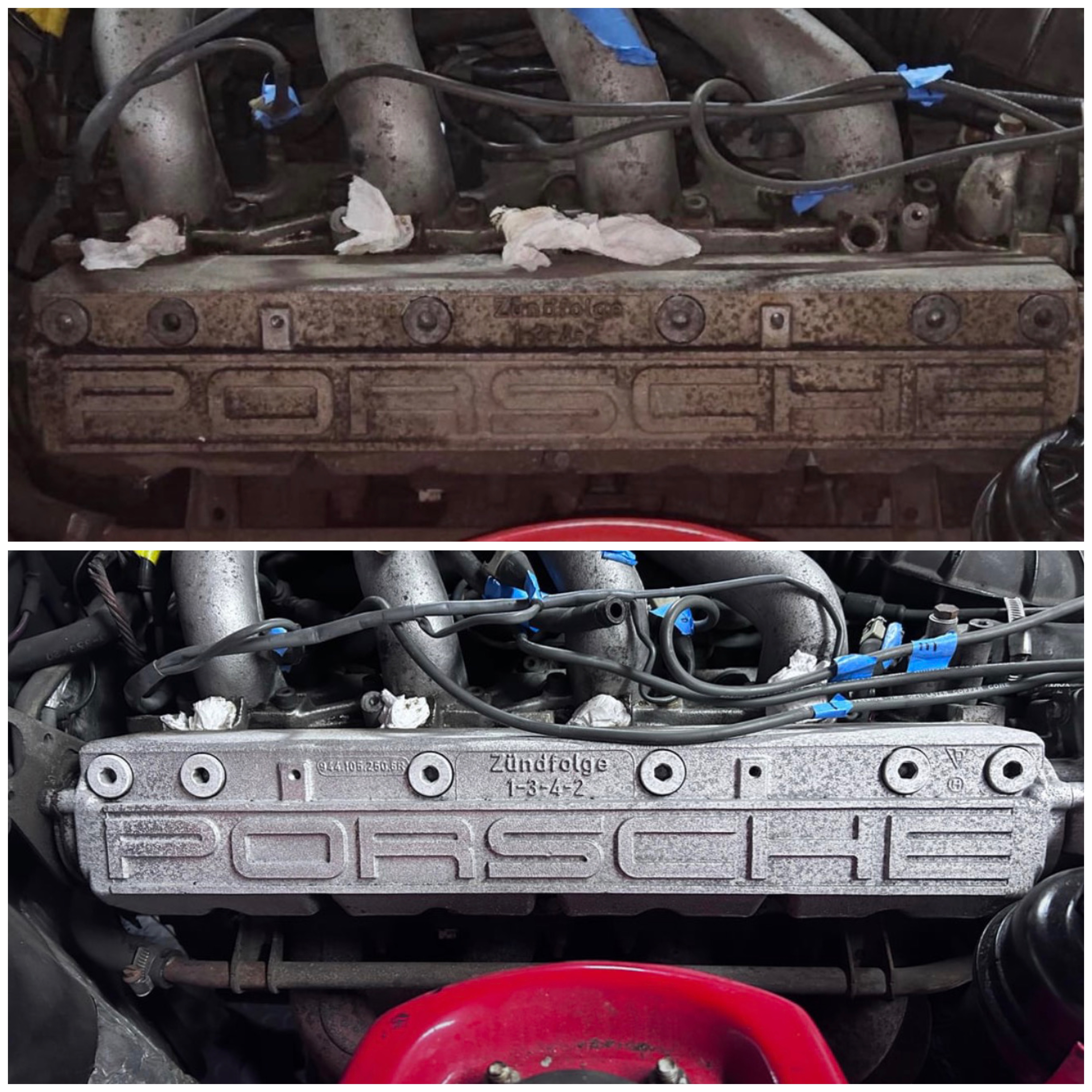 Porsche engine before and after laser cleaning